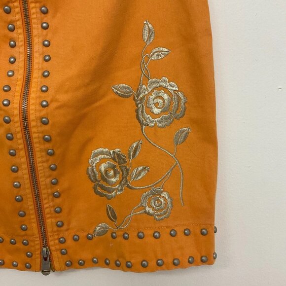 Cinq A Sept Floral Embroidered Studded Front Zip Mini Skirt Size 4 Orange - Picture 3 of 5